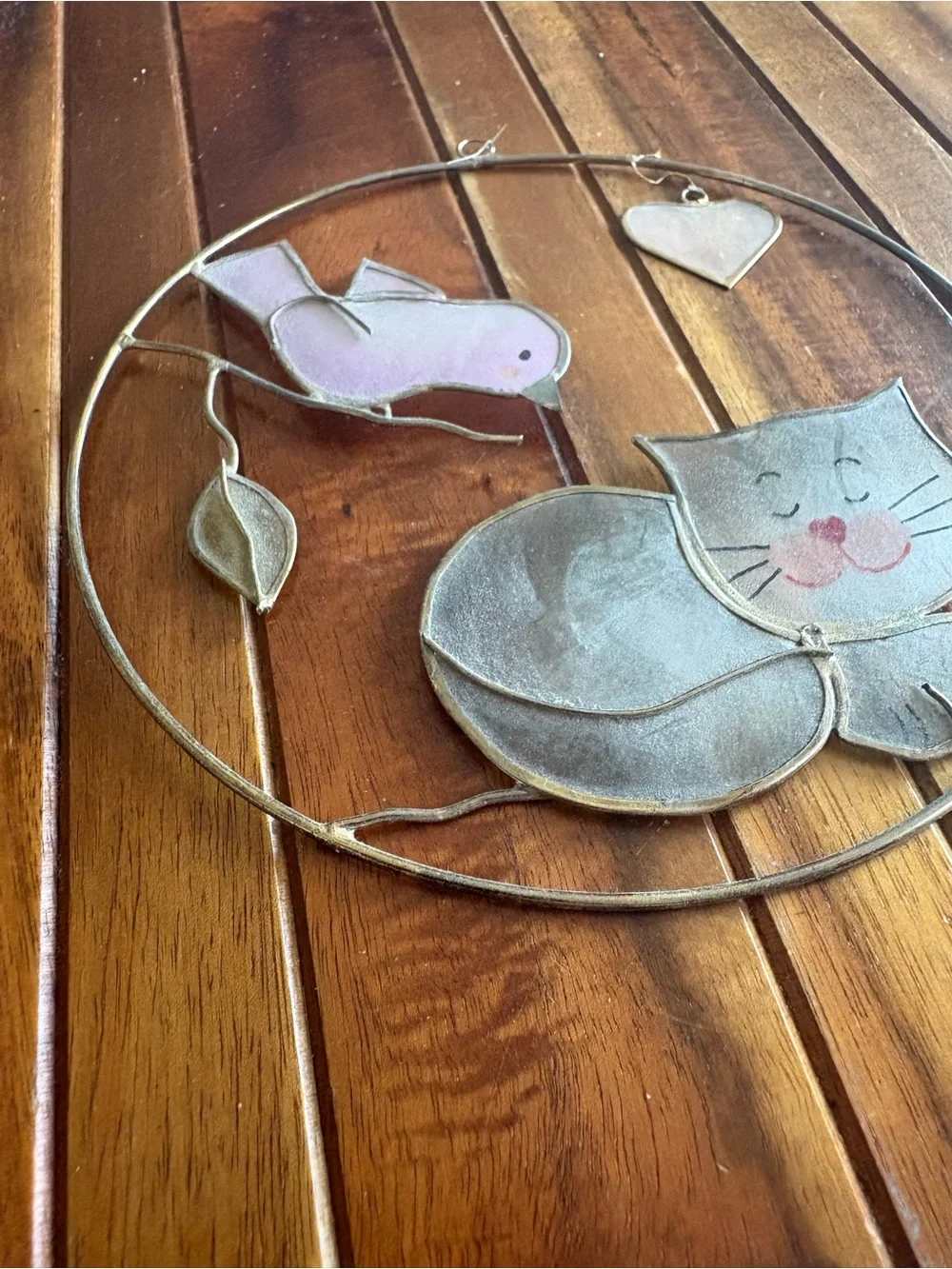 Whimsical Cat & Bird with Heart Capiz Shell Window Suncatcher Decoration